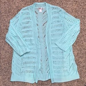 L aqua blue crochet sweater